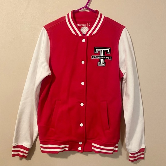 Tupperware Womens Varsity jacket Button Front small  Pink/ White Like New - Picture 1 of 4